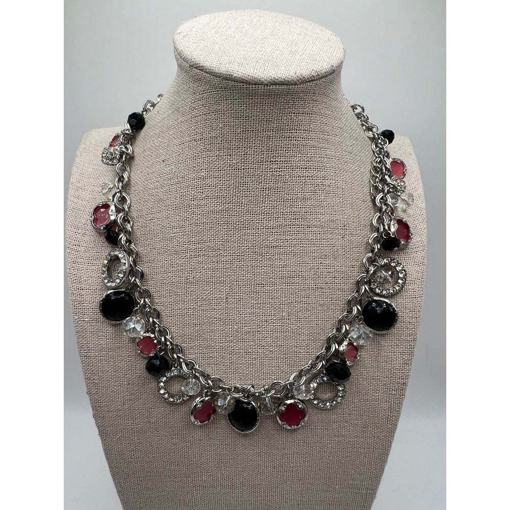 WHBM Rhinestone Charm Statement Necklace Black Pink Silver 17" Y2K Glam